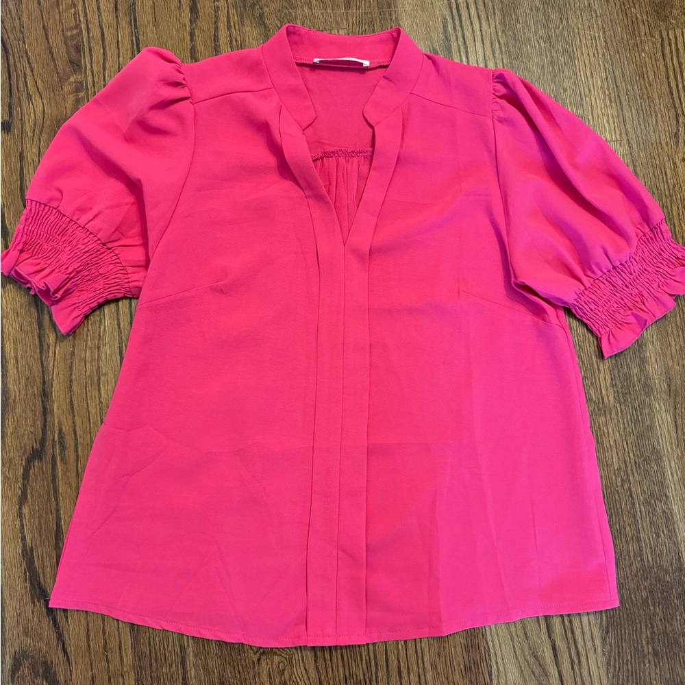 Bright Pink V-Neck Puff Sleeve Blouse